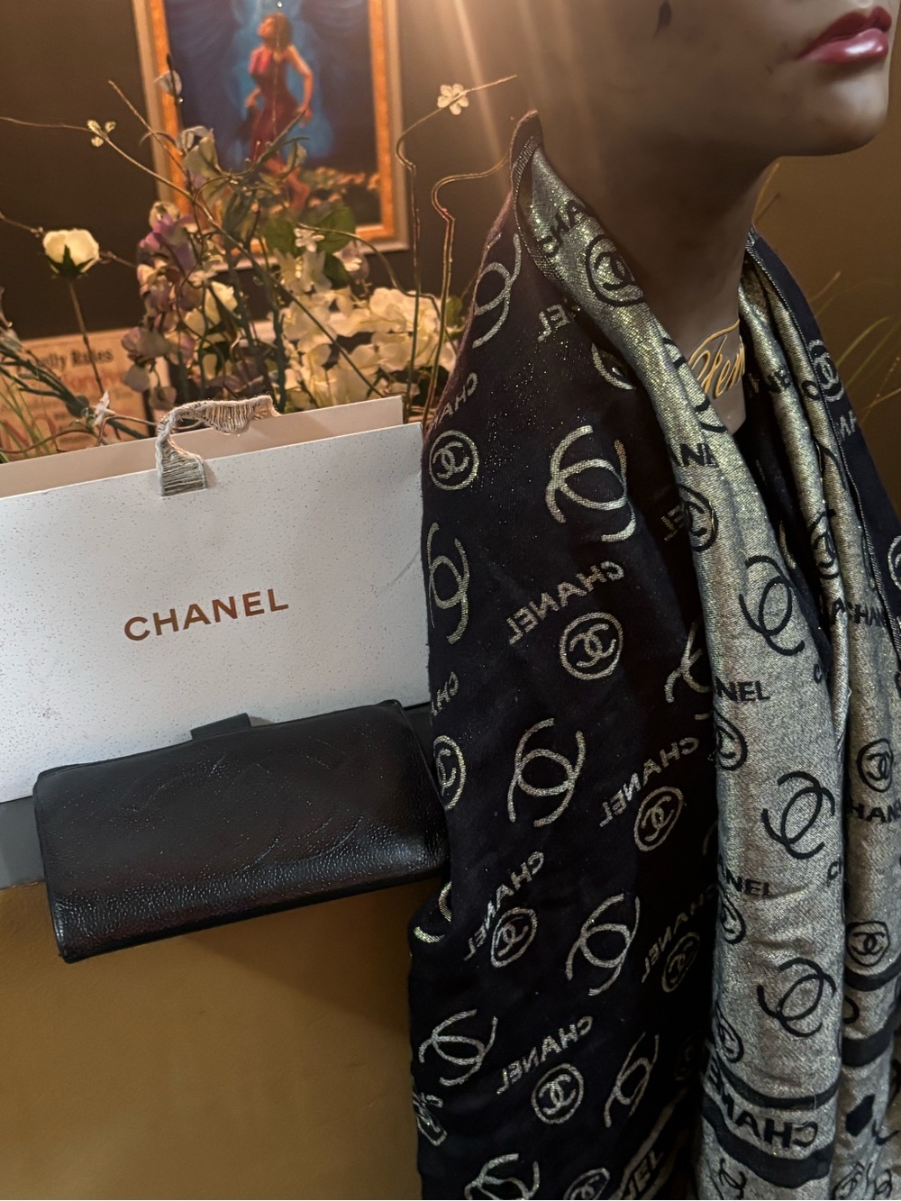 Buntof of 2 CHANEL Black & Gold Reversible Logo Scarf and wallet